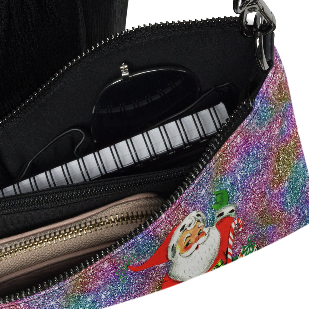 Retro Santa With His Sack Of Presents Glitter Background Mid Century Christmas Print Crossbody Bag Purse