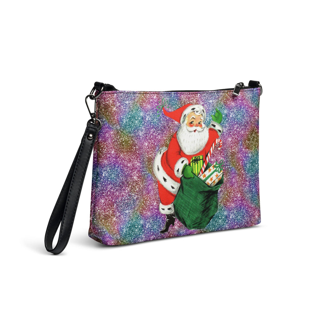 Retro Santa With His Sack Of Presents Glitter Background Mid Century Christmas Print Crossbody Bag Purse