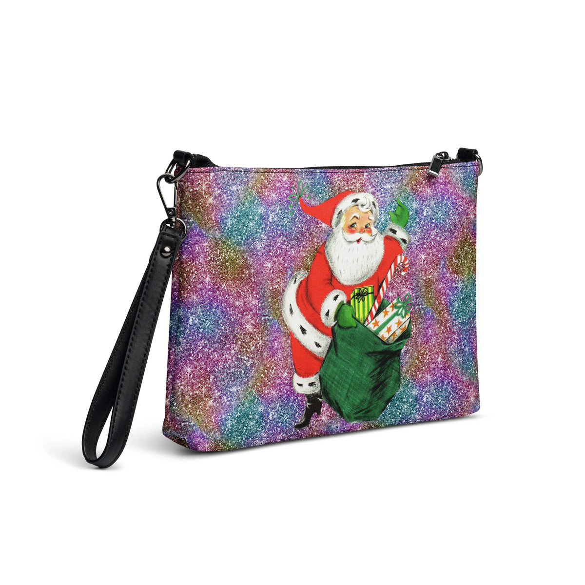 Retro Santa With His Sack Of Presents Glitter Background Mid Century Christmas Print Crossbody Bag Purse