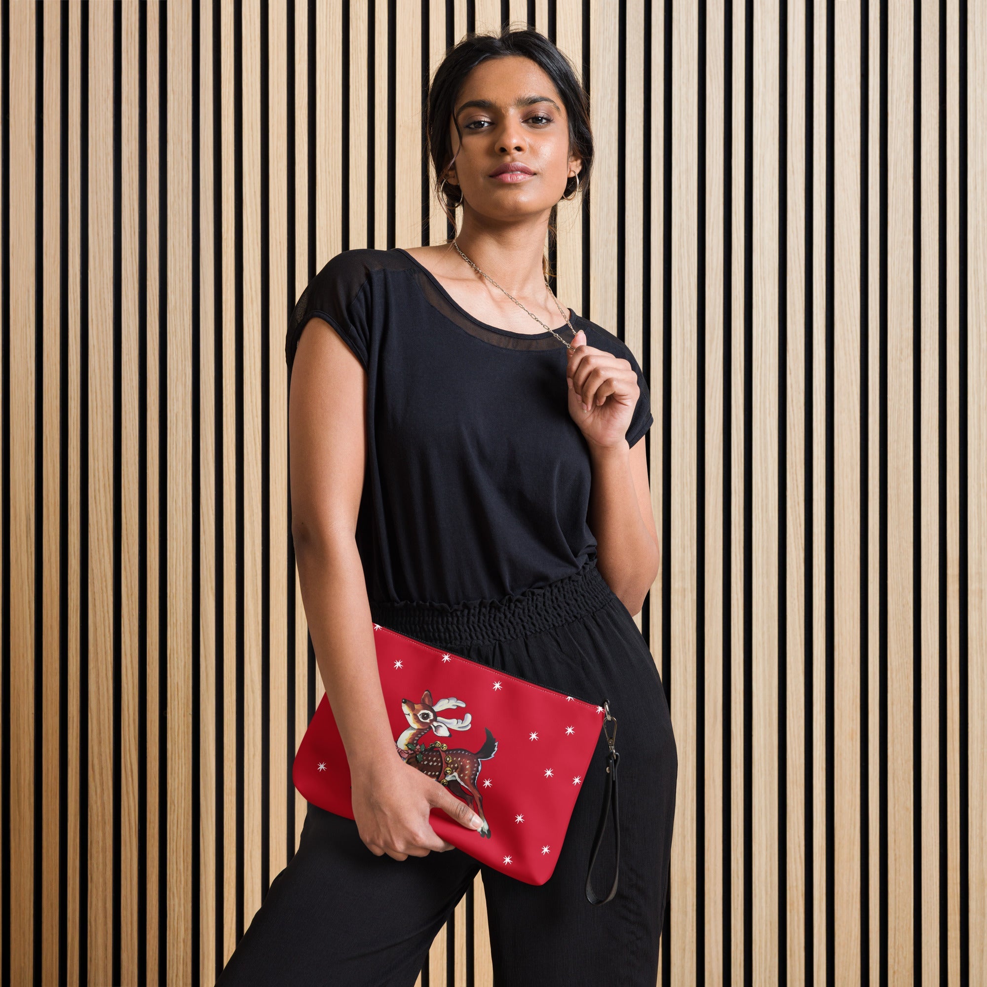 Reindeer With Stars Mid Century Retro Christmas Print Crossbody Bag Purse