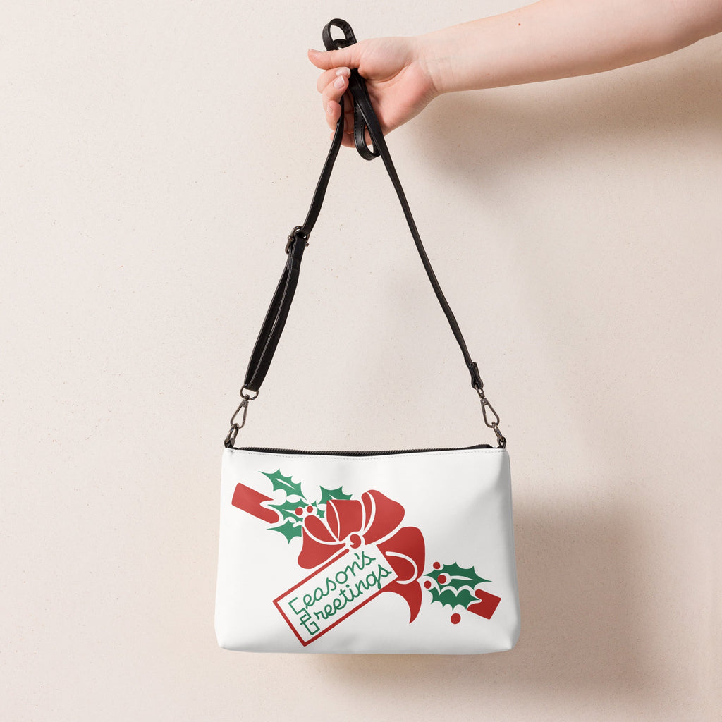 Season's Greetings Bow And Holly Mid Century Retro Christmas Print Crossbody Bag Purse