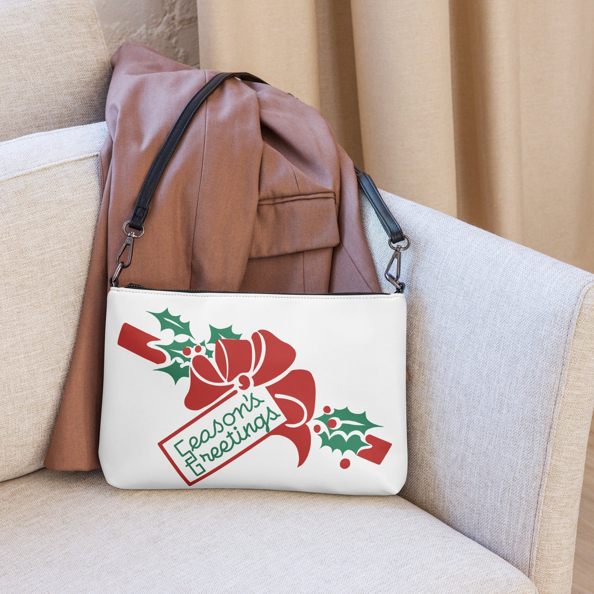 Season's Greetings Bow And Holly Mid Century Retro Christmas Print Crossbody Bag Purse