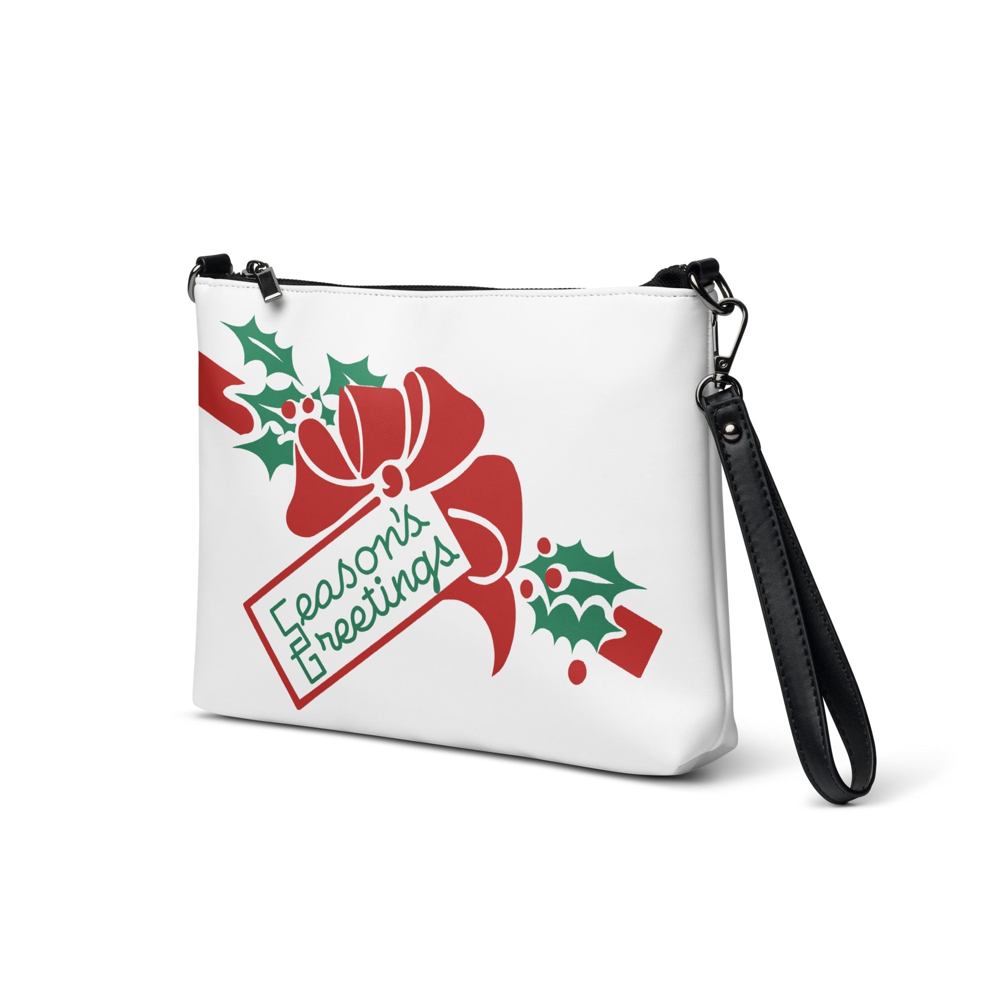 Season's Greetings Bow And Holly Mid Century Retro Christmas Print Crossbody Bag Purse