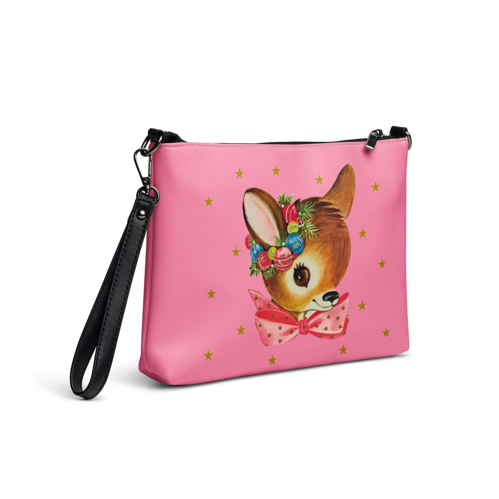 Reindeer Gold Stars Pink Mid Century Retro Christmas Crossbody Bag Purse