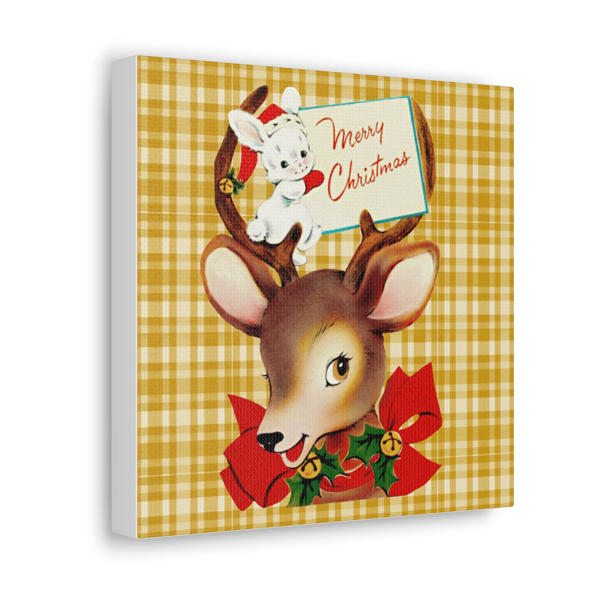 Merry Christmas Retro Reindeer And Bunny Yellow Plaid Mid Century Retro Christmas Canvas Gallery Wrap