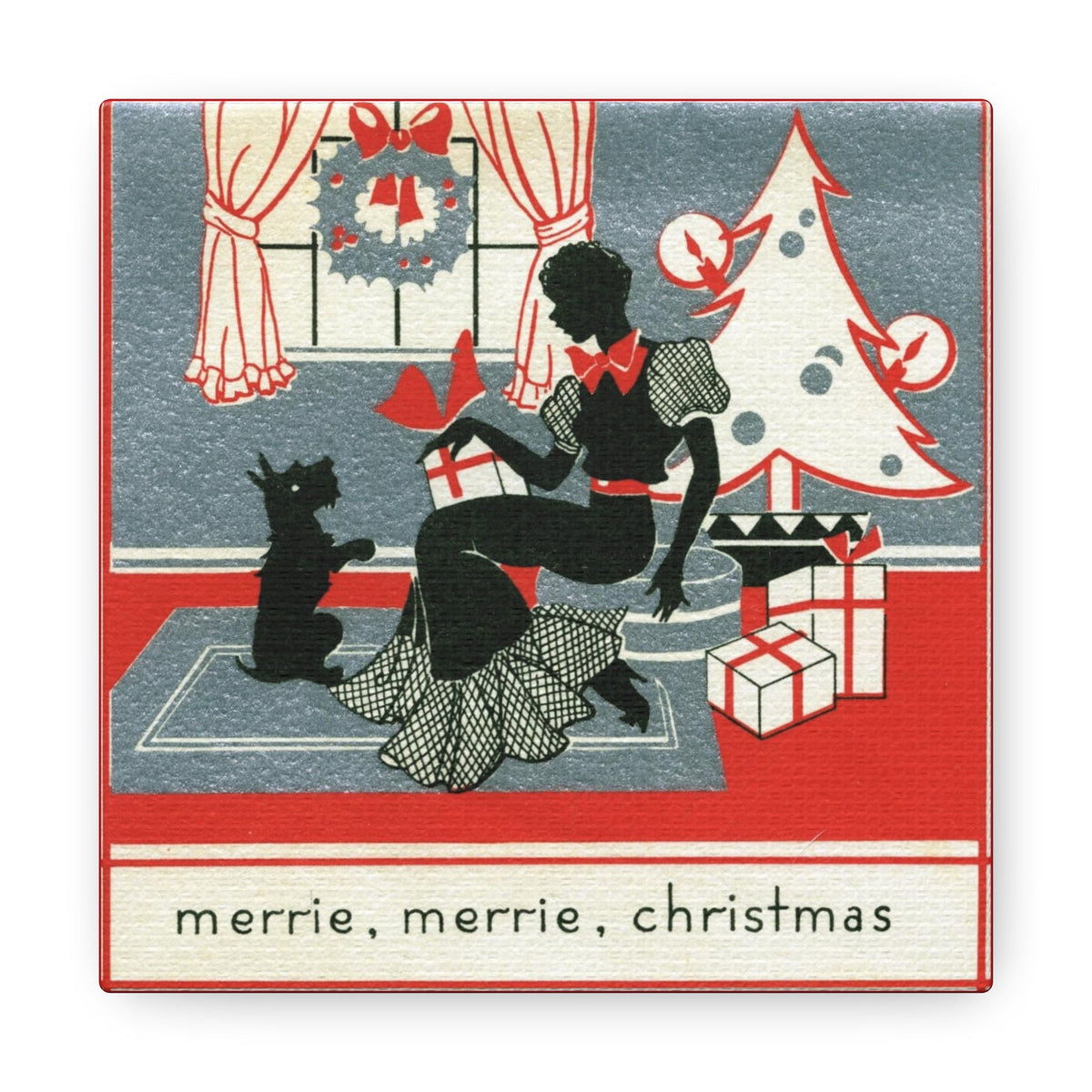 Merrie, Merrie Christmas Woman And Scottie Mid Century Retro Christmas Canvas Gallery Wrap