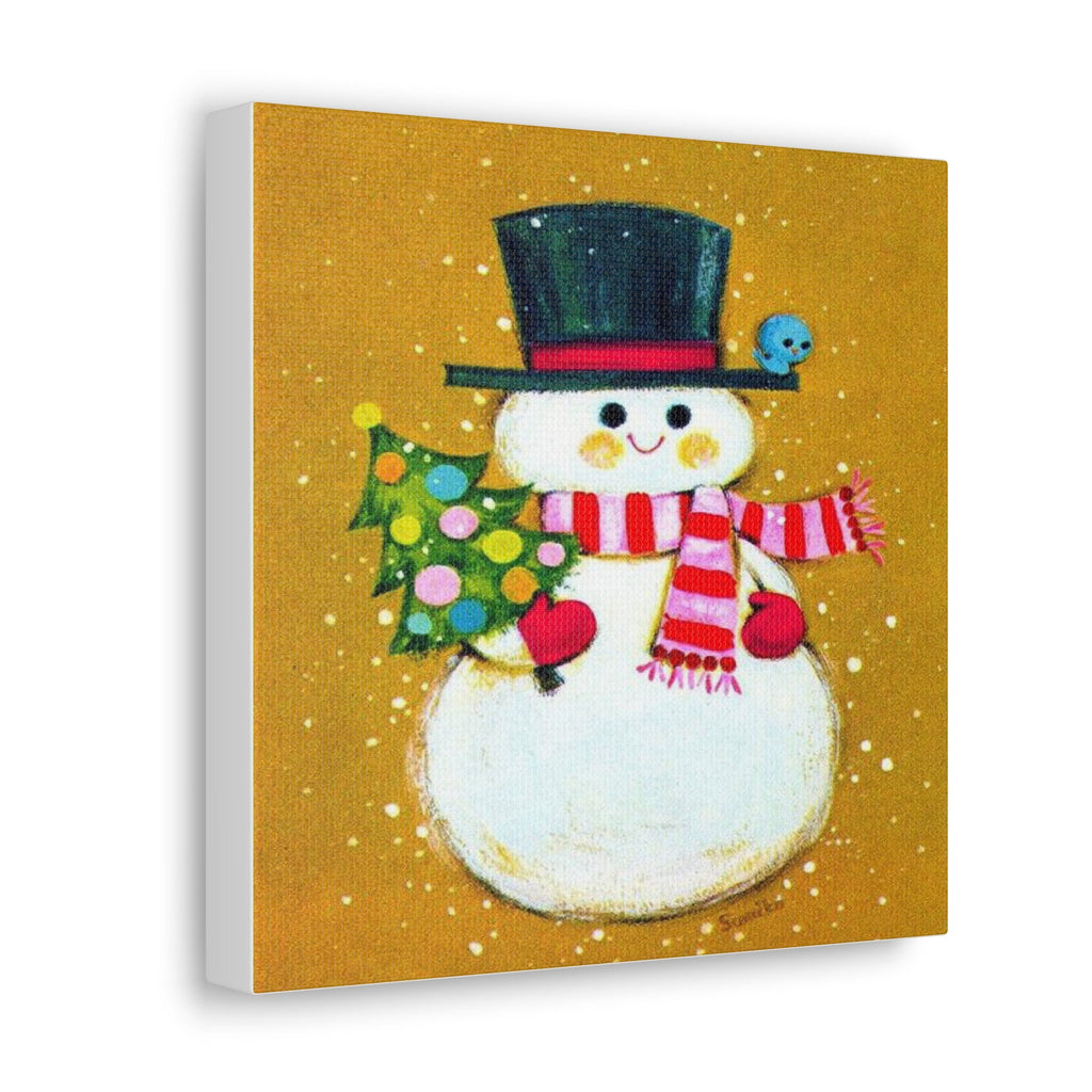 Christmas Snowman With Tree Mod Retro Christmas Canvas Gallery Wrap