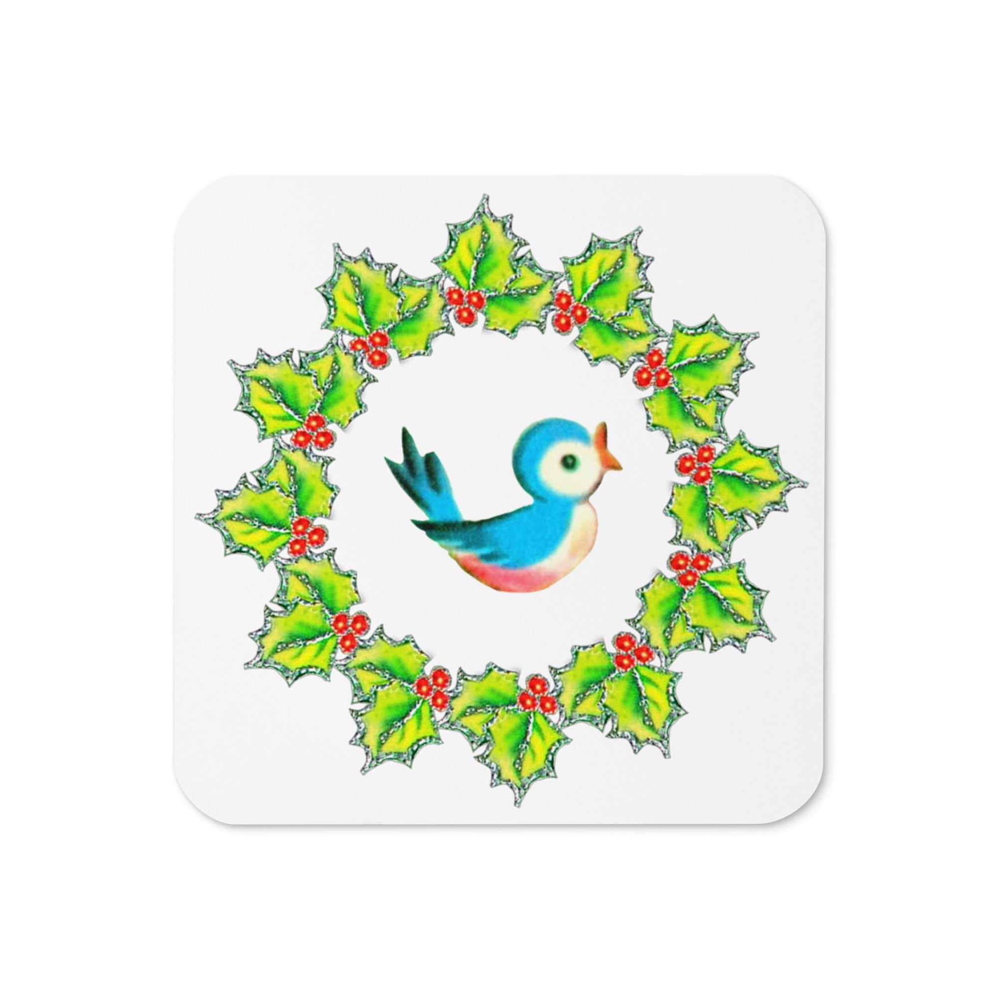 Christmas Bluebird In Wreath Mid Century Retro Christmas Print Cork-back Coaster