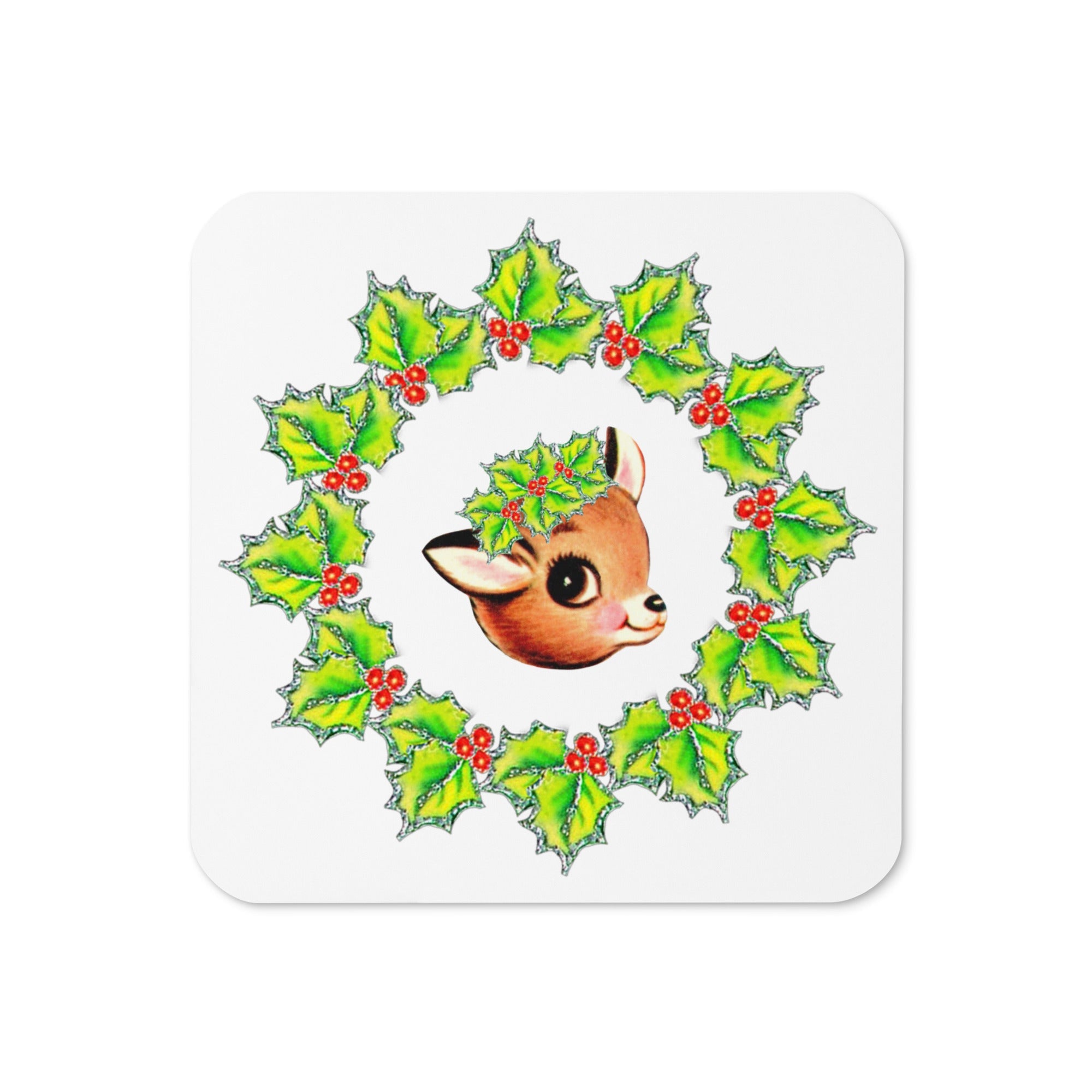 Christmas Reindeer In Holly Berry Wreath Mid Century Retro Christmas Print Cork-back Coaster
