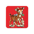 Reindeer And Bunnies Red Mid Century Retro Christmas Print Cork-back Coaster