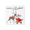 Merry Christmas Santa And Reindeer Mid Century Retro Christmas Print Cork-back Coaster