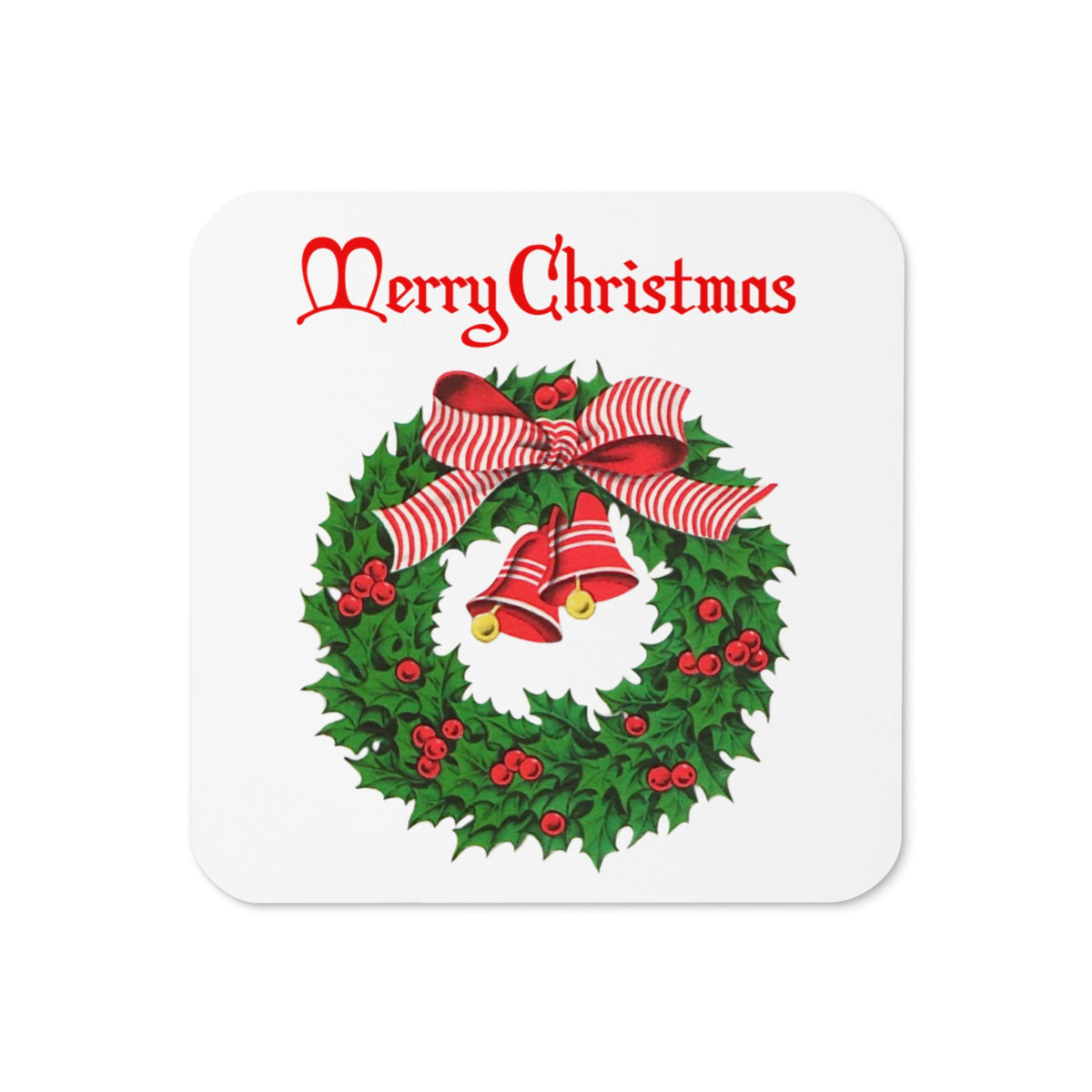 Merry Christmas Wreath Mid Century Retro Christmas Print Cork-back Coaster