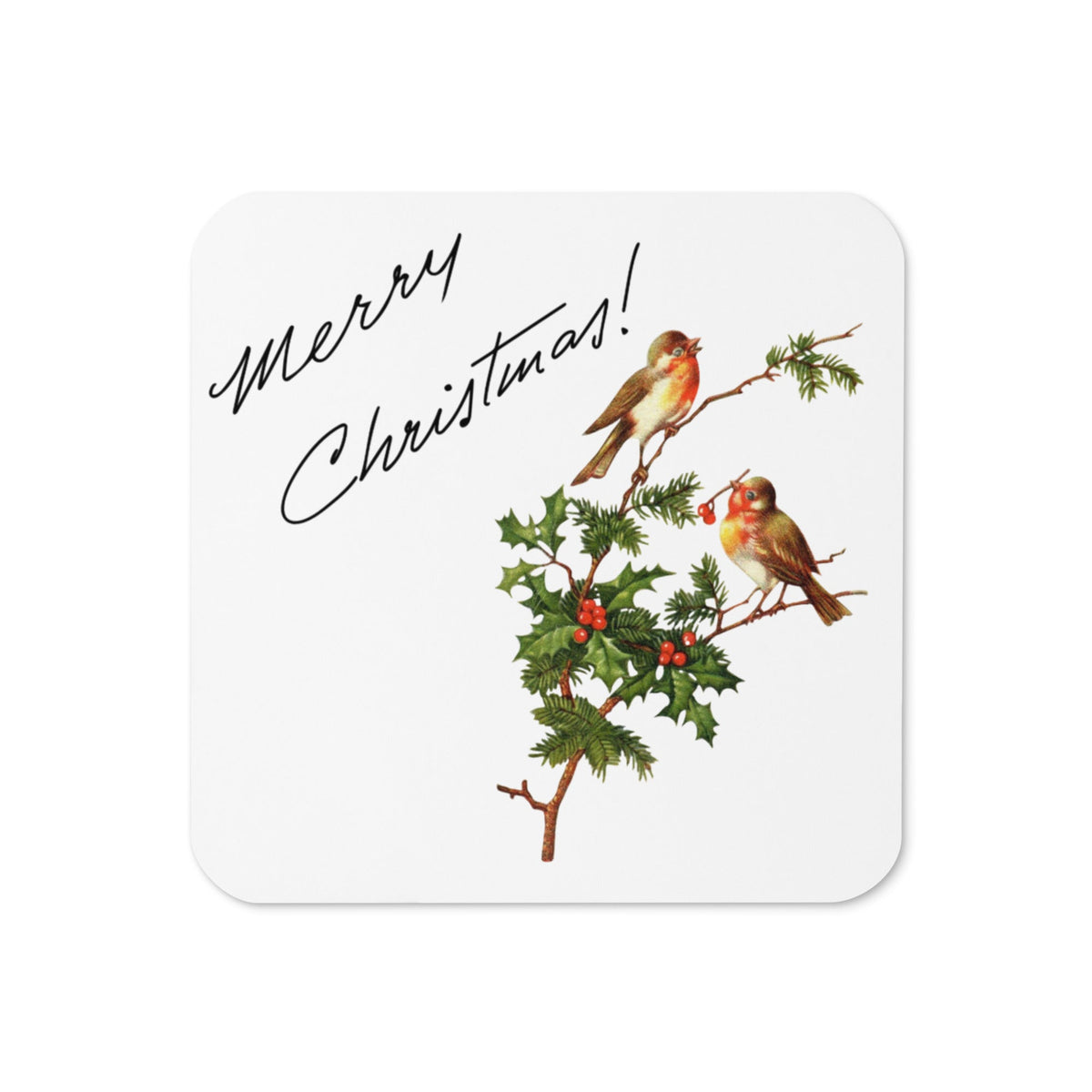 Merry Christmas Birds Mid Century Retro Christmas Print Cork-back Coaster