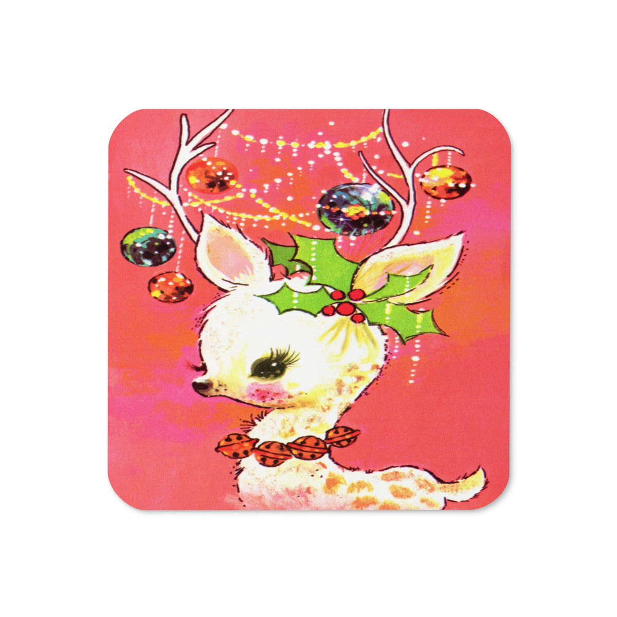 Pink Christmas Reindeer With Ornaments Mid Century Retro Christmas Print Cork-back Coaster