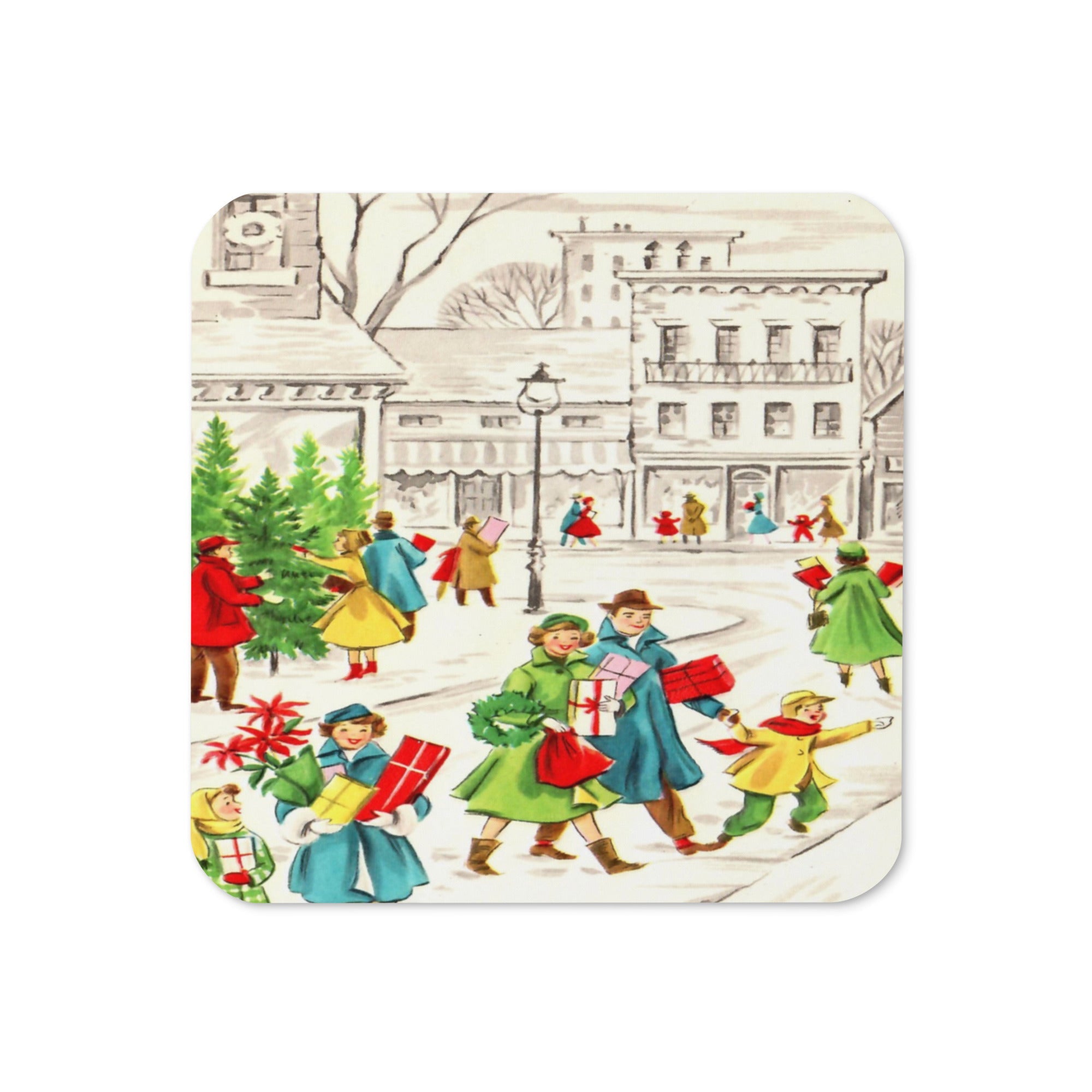 Christmas Town Retro Christmas Print Cork-back Coaster