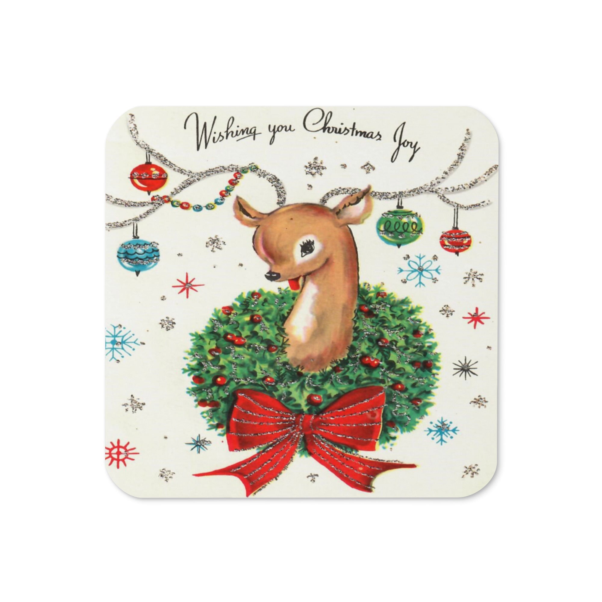 Wishing You Christmas Joy Reindeer With Ornaments Retro Christmas Print Cork-back Coaster