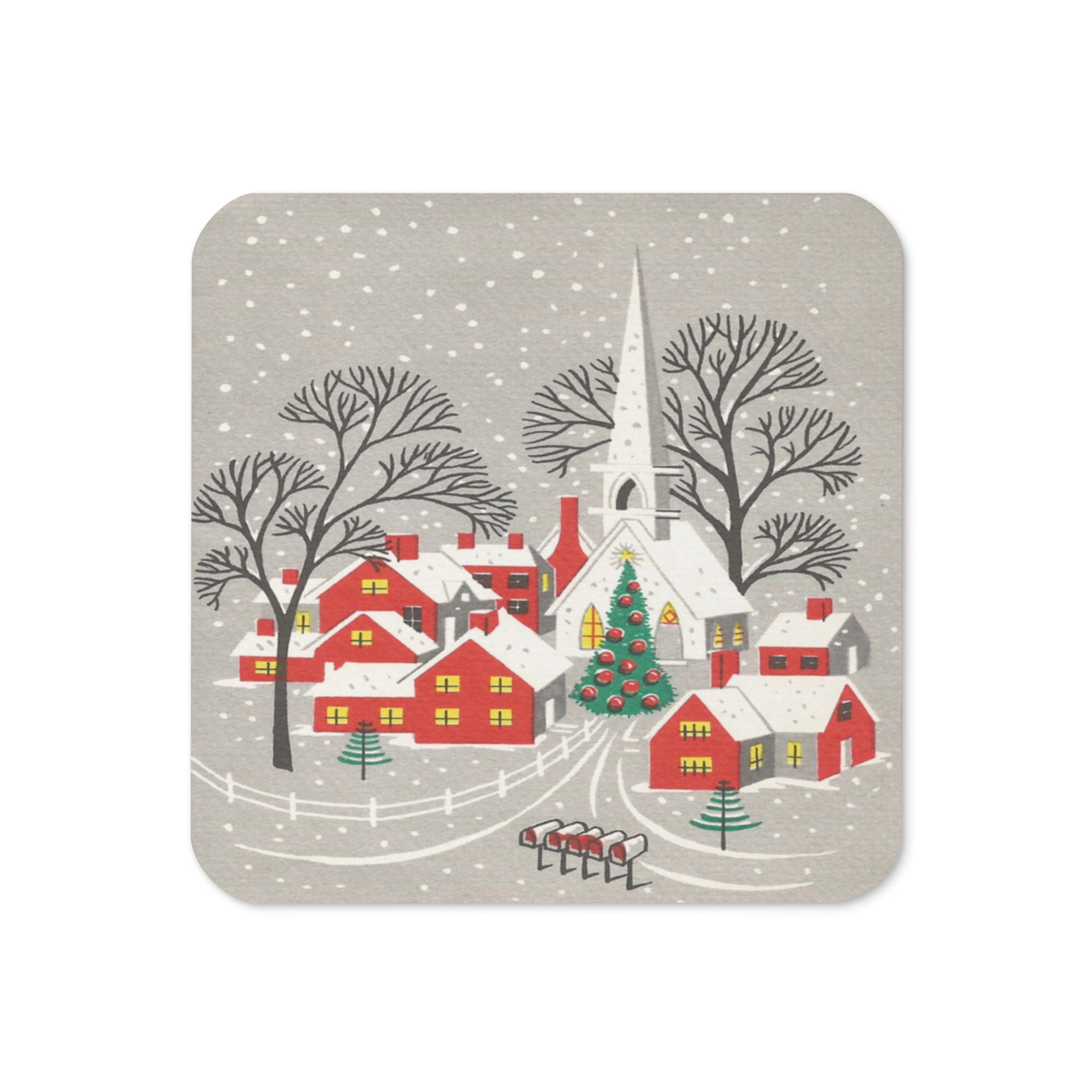 Cozy Christmas Town Retro Christmas Print Cork-back Coaster