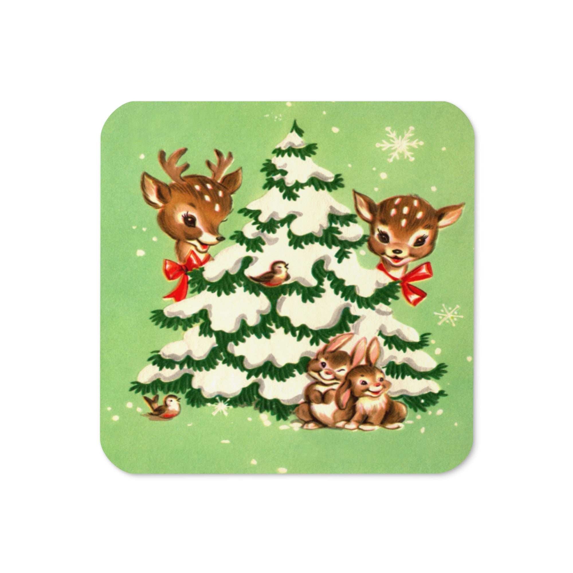 Reindeer In Tree Mid Century Retro Christmas Print Cork-back Coaster