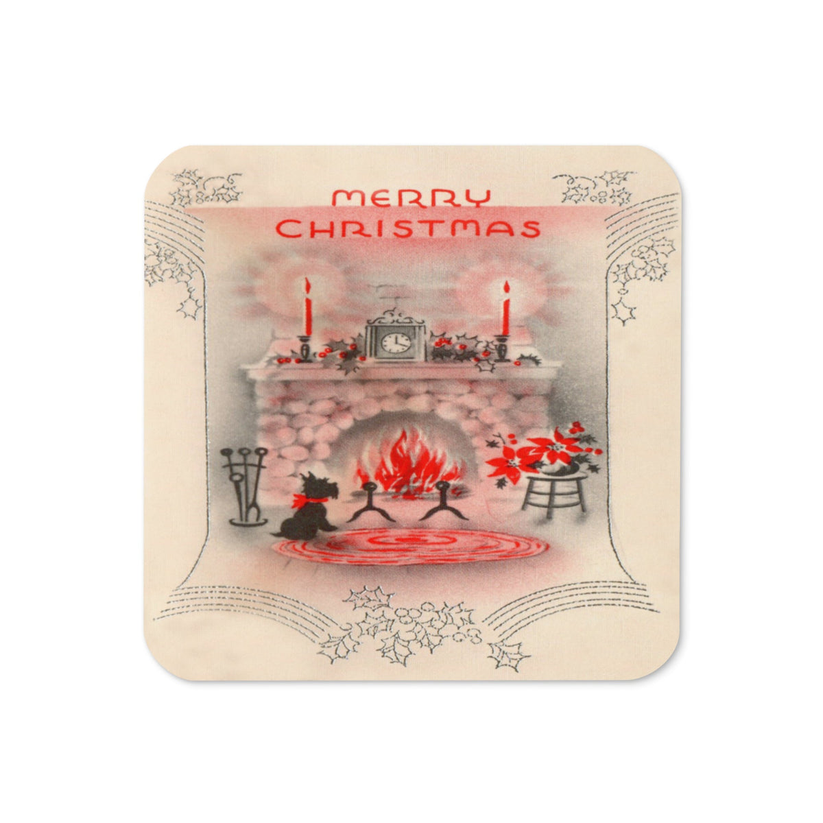 Merry Christmas Black Scottie Mid Century Retro Christmas Print Cork-back Coaster