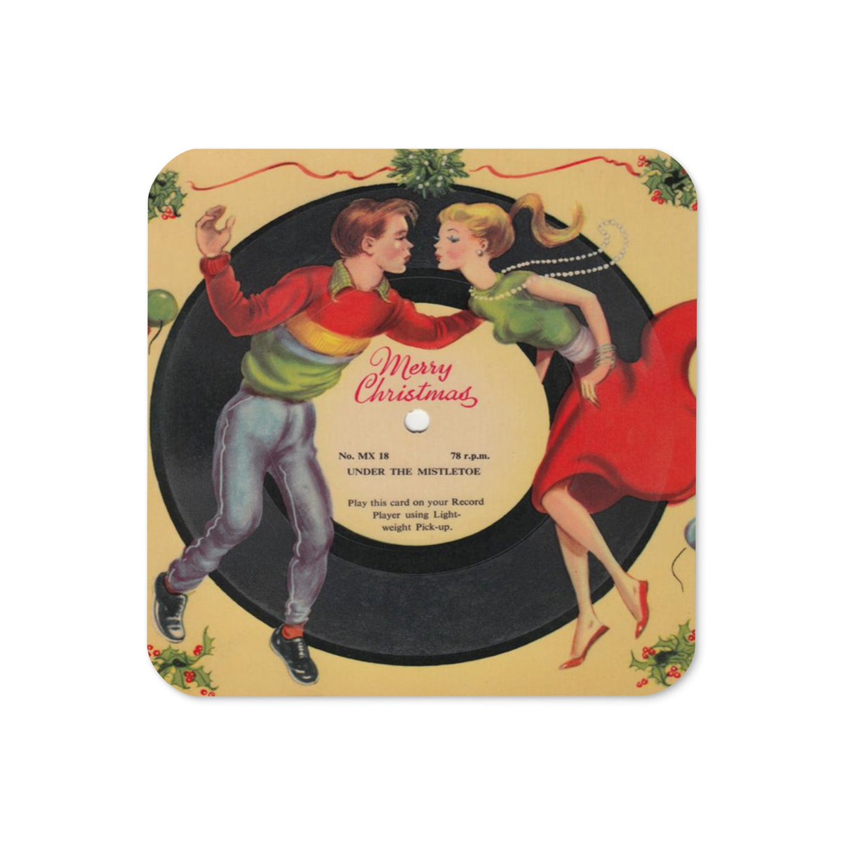 Under The Mistletoe Merry Christmas Couple Record Mid Century Retro Christmas Print Cork-back Coaster