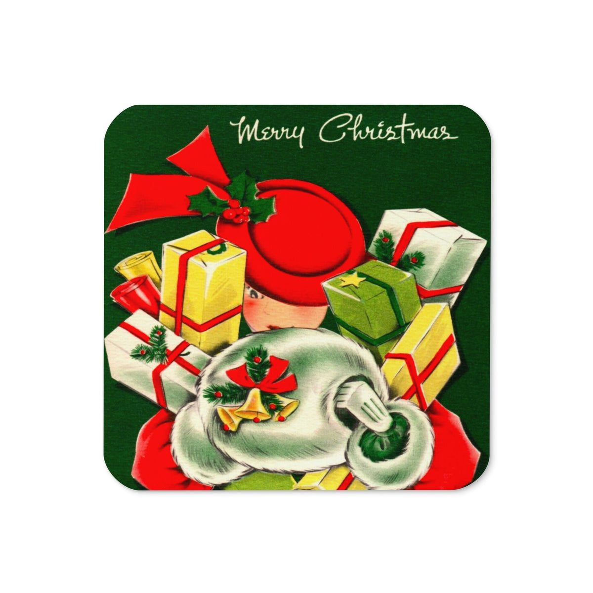 Merry Christmas Lady Shopper With Presents Retro Christmas Print Cork-back Coaster