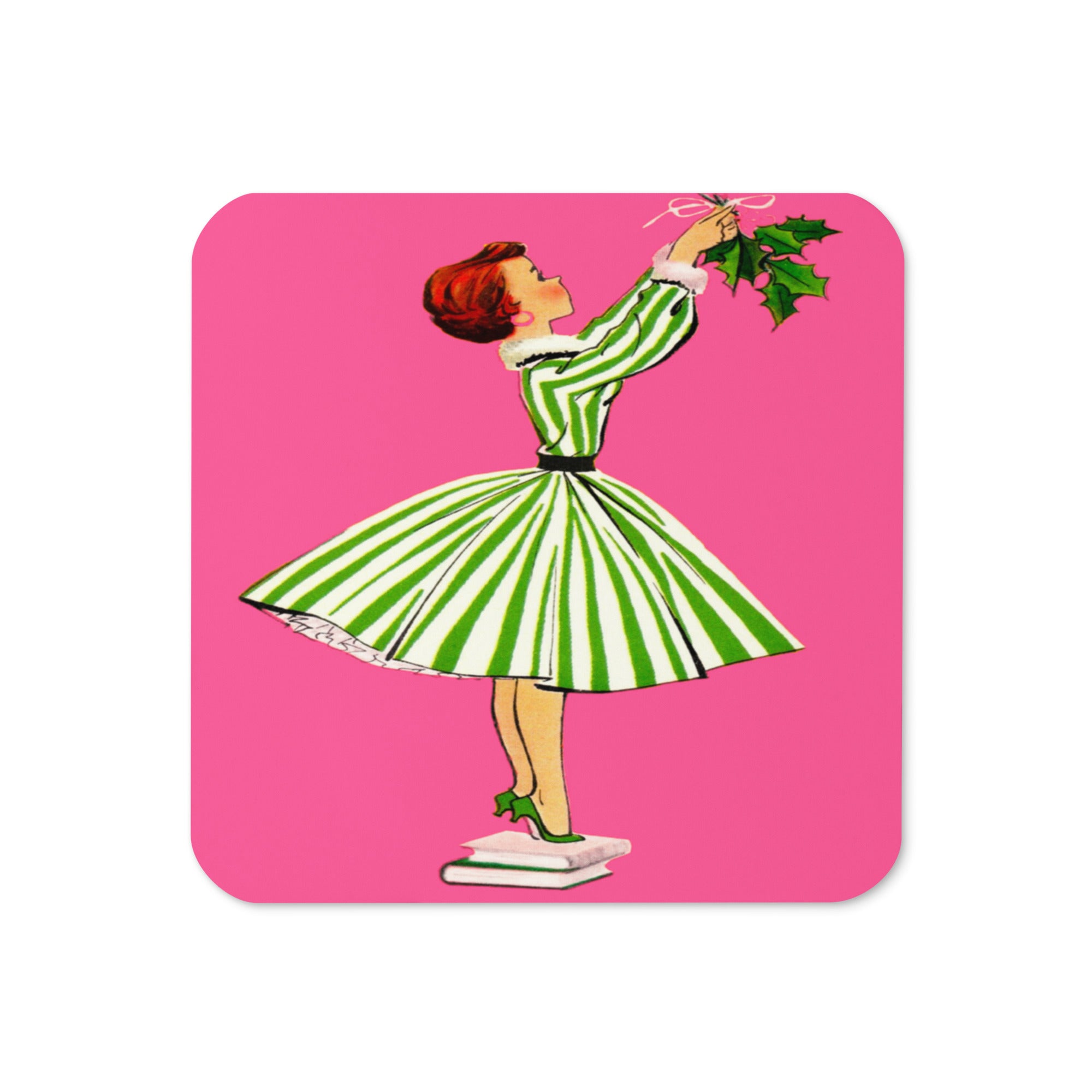 Lady Hanging Mistletoe Pink Mid Century Retro Christmas Print Cork-back Coaster
