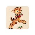 Reindeer Holly Mid Century Retro Christmas Print Cork-back Coaster