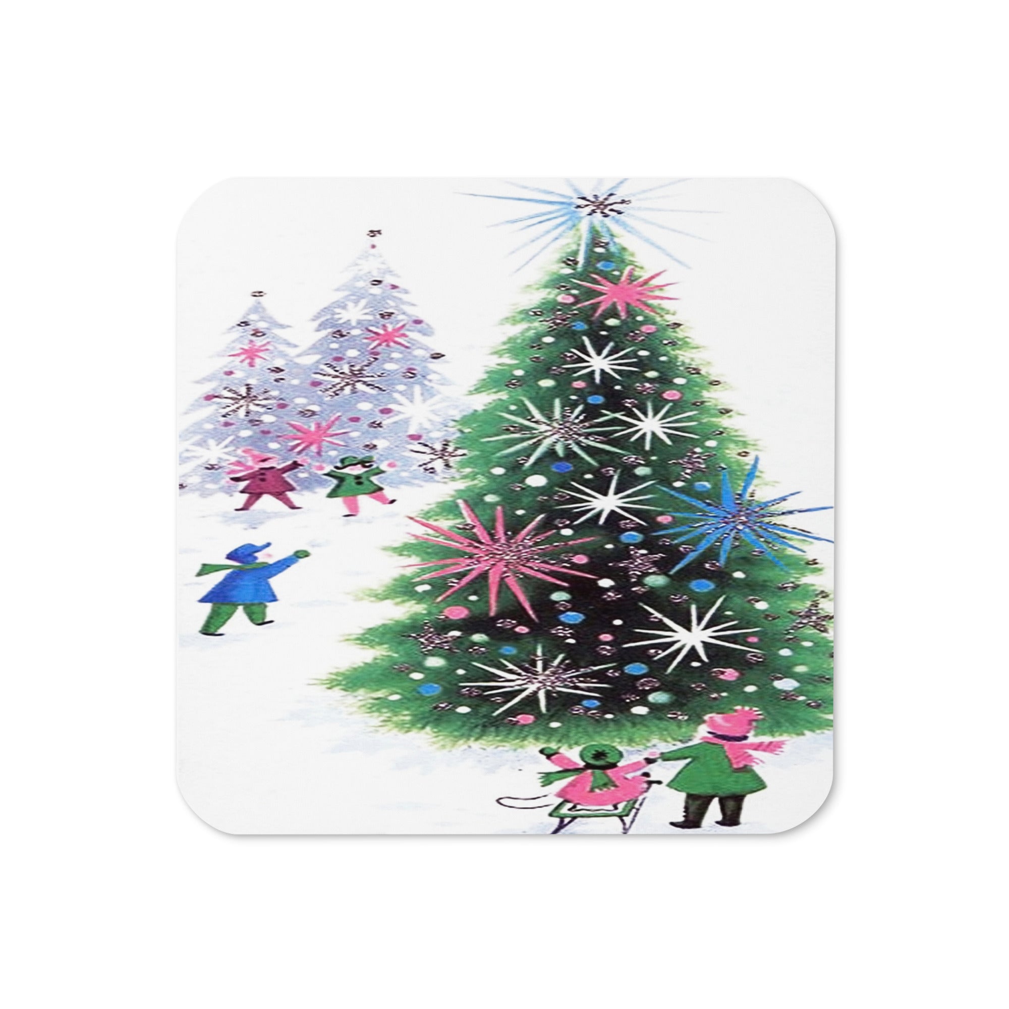 Christmas Trees Kids In Snow Mid Century Retro Christmas Print Cork-back Coaster
