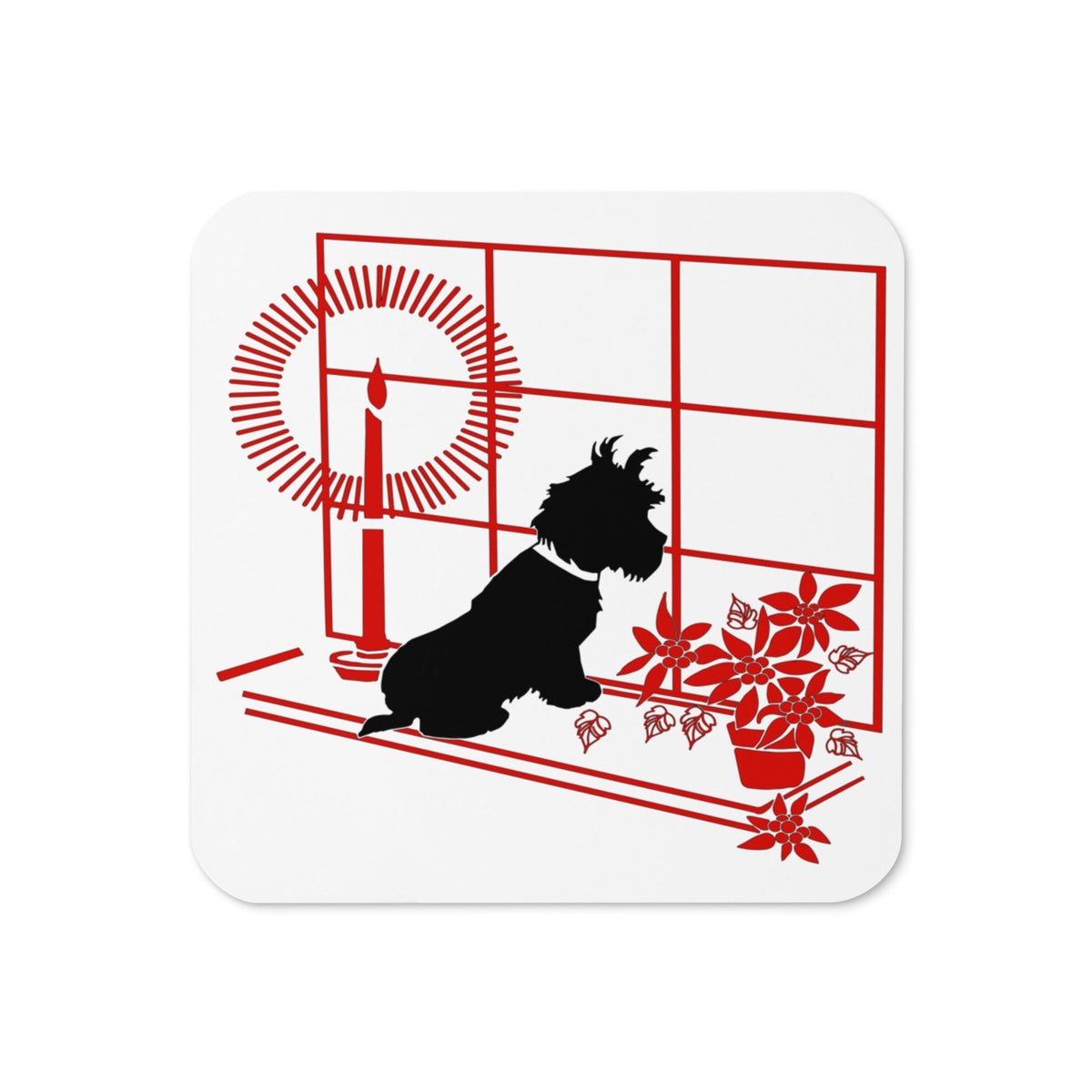 Christmas Scottie In Window With Poinsettias Retro Christmas Print Cork-back Coaster