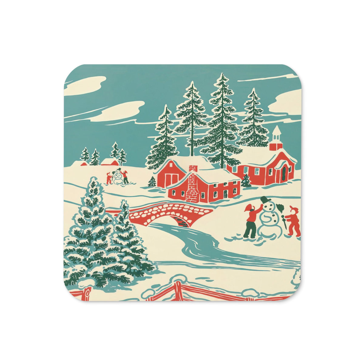 Winter Christmas Scene Retro Christmas Print Cork-back Coaster
