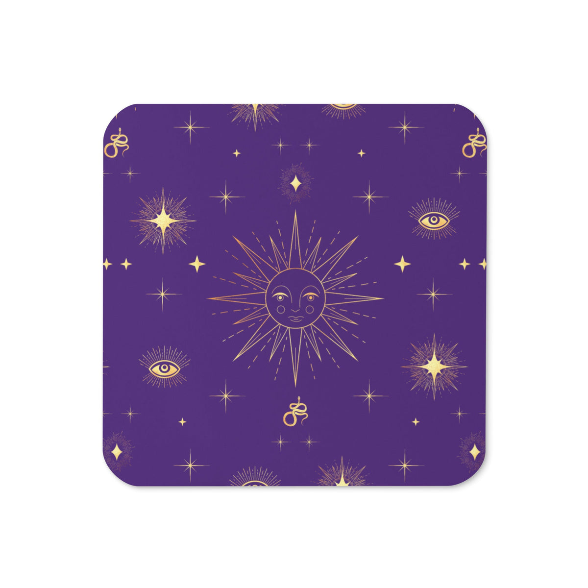 Celestial Gold Sun Stars Purple Cork-back Coaster