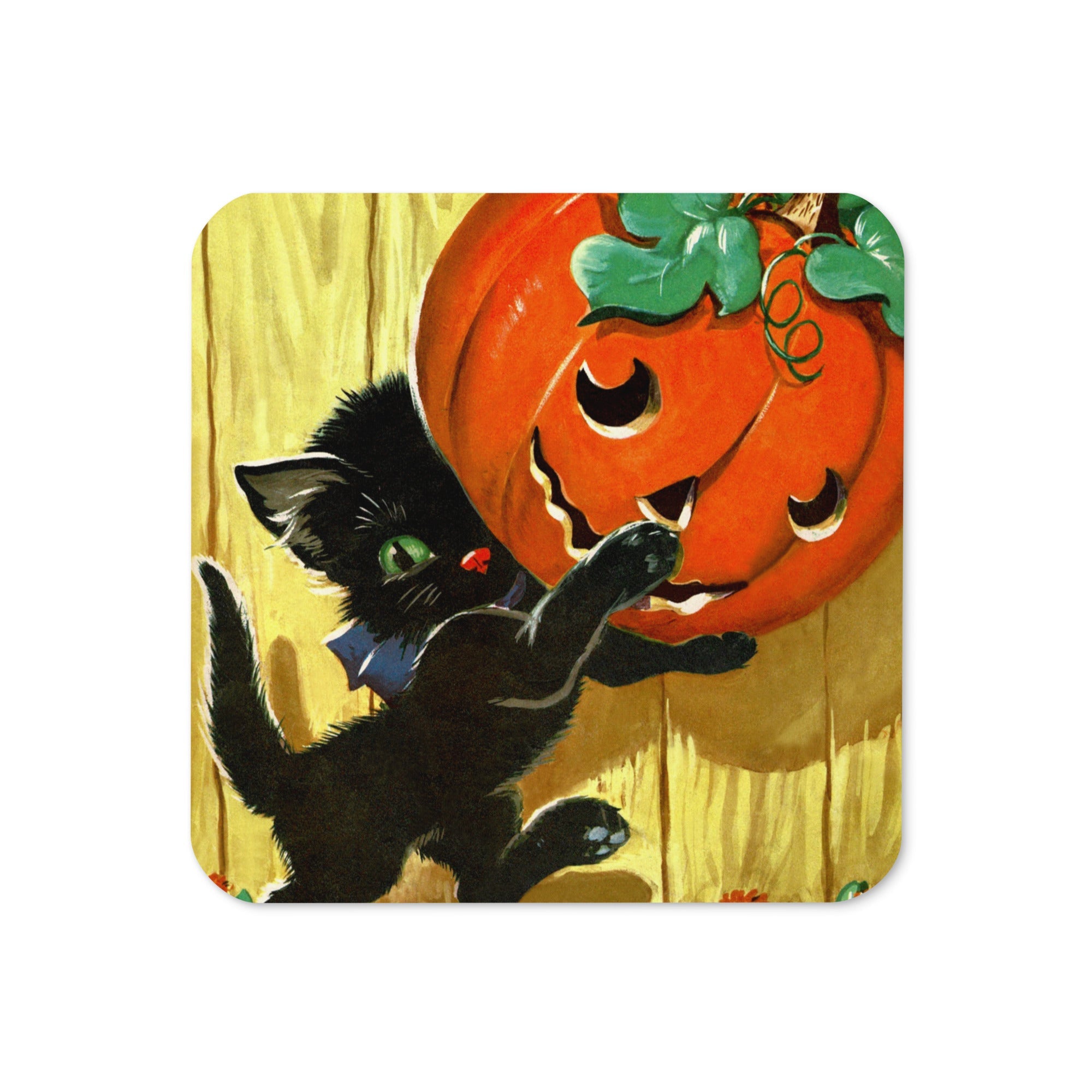 Black Cat Pumpkin Jack O Lantern Retro Halloween Print Cork-back Coaster