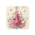 Noel Pink Christmas Tree Mid Century Retro Christmas Print Cork-back Coaster