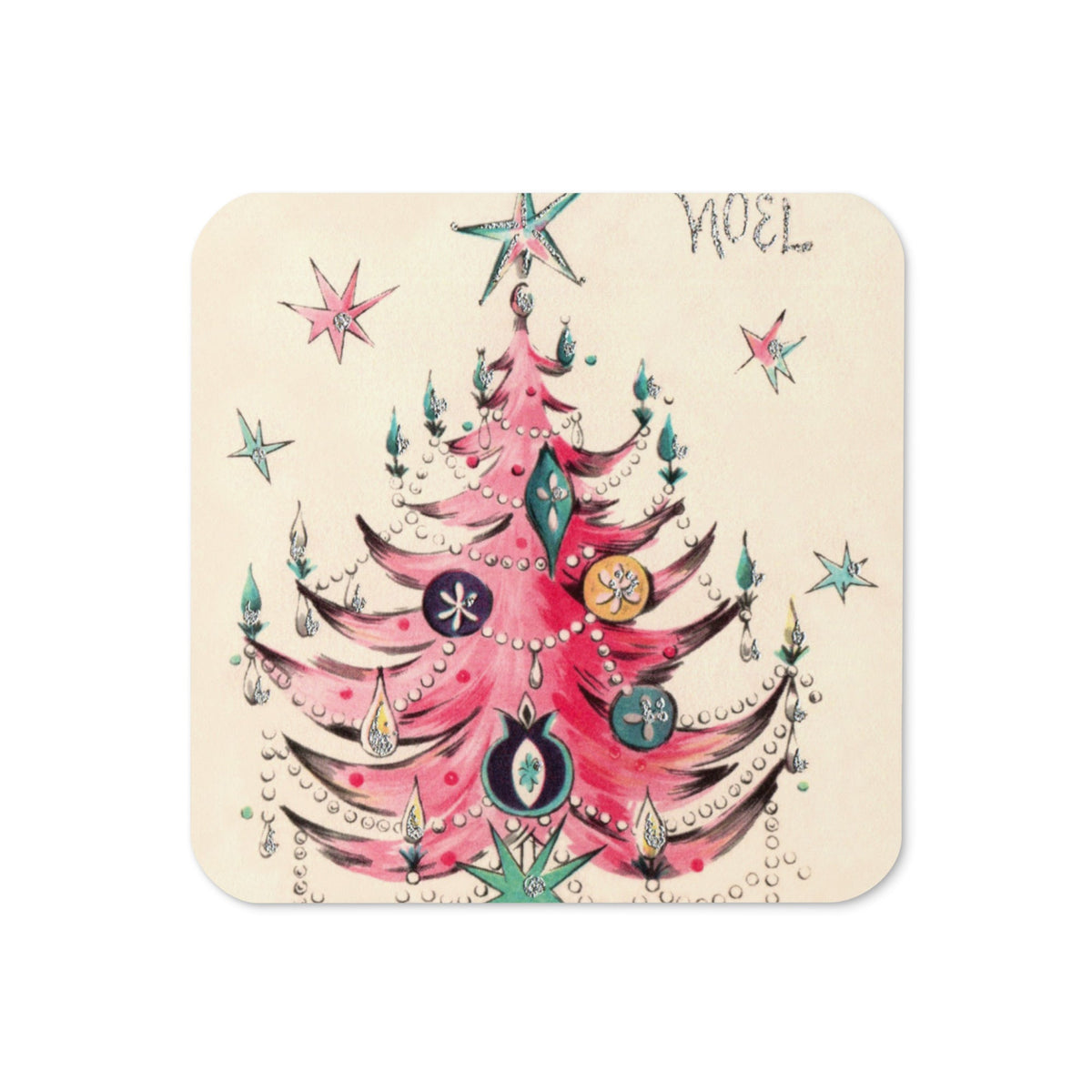 Noel Pink Christmas Tree Mid Century Retro Christmas Print Cork-back Coaster