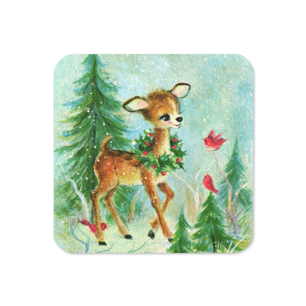 Baby Deer Fawn With Christmas Wreath And Red Birds Woodland Retro Christmas Print Cork-back Coaster