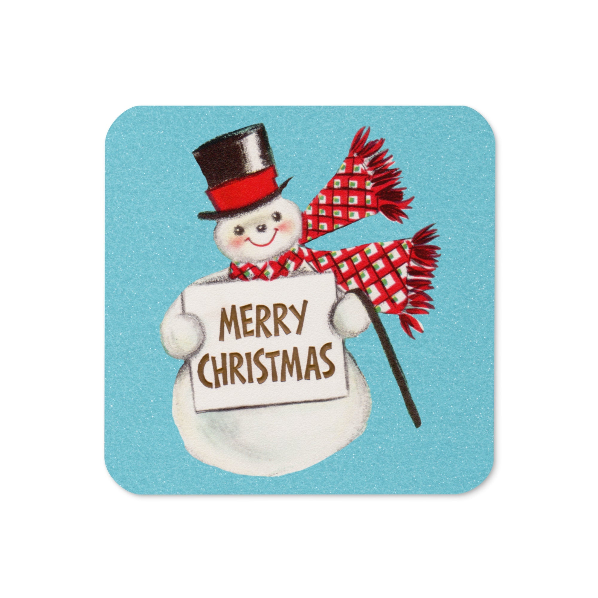 Merry Christmas Snowman Mid Century Retro Christmas Print Cork-back Coaster