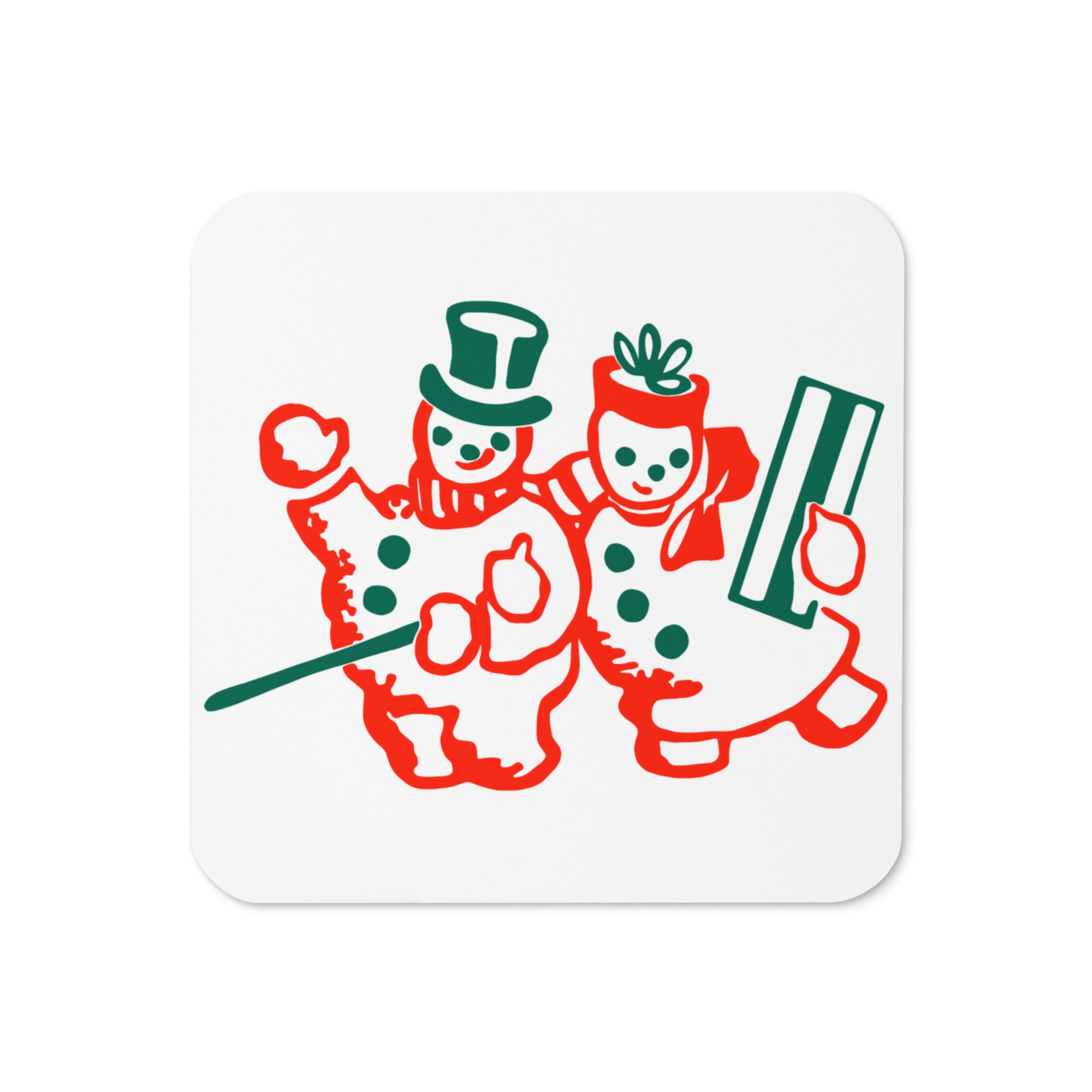 Snowman And Snowwoman Mid Century Retro Christmas Print Cork-back Coaster