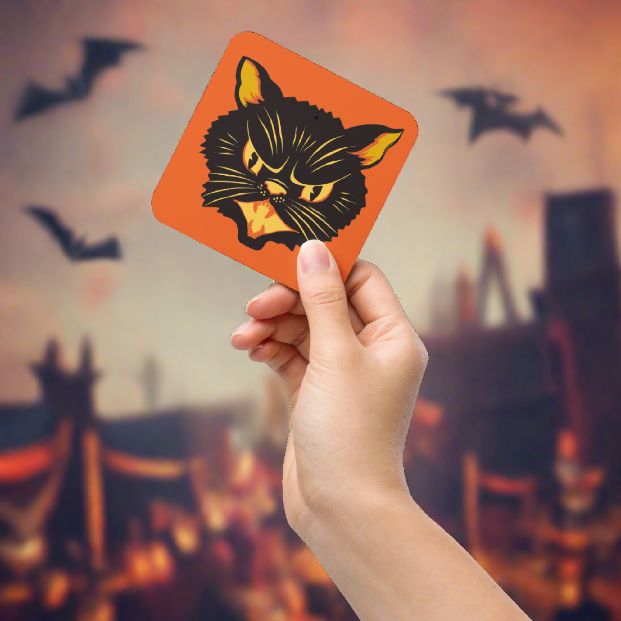Black Cat Vintage Retro Halloween Print Orange Cork-back Coaster