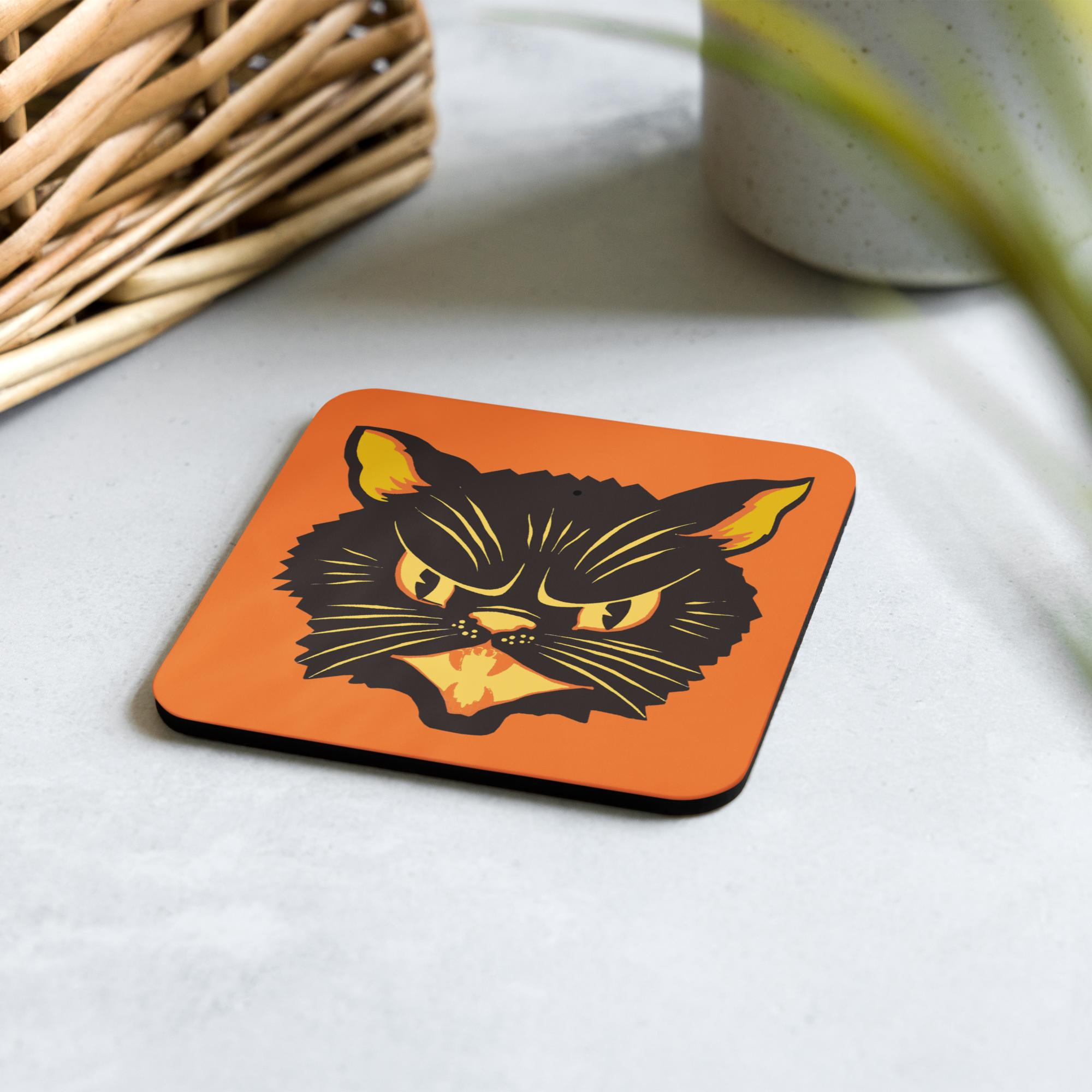 Black Cat Vintage Retro Halloween Print Orange Cork-back Coaster