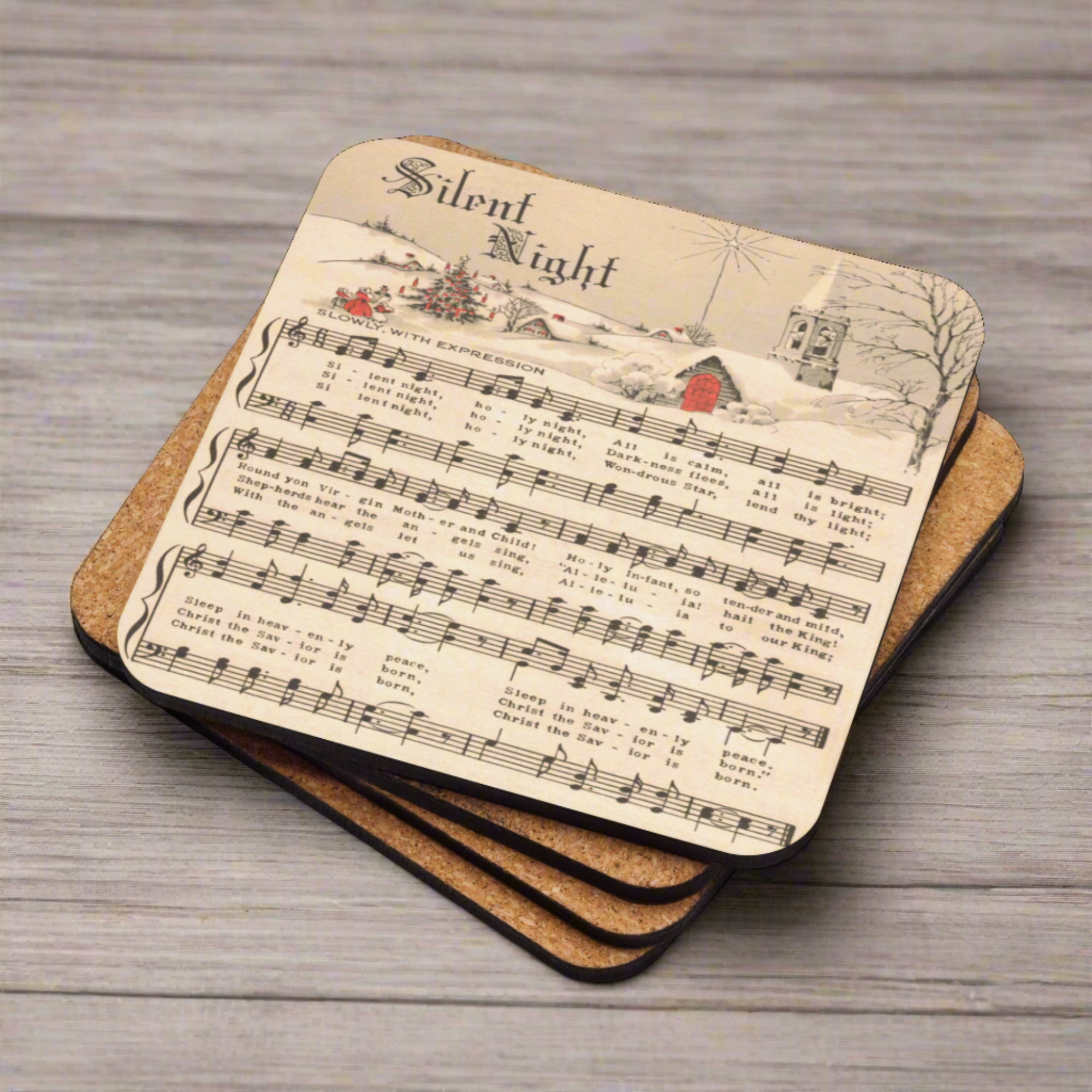 Silent Night Vintage Sheet Music Retro Christmas Print Cork-back Coaster