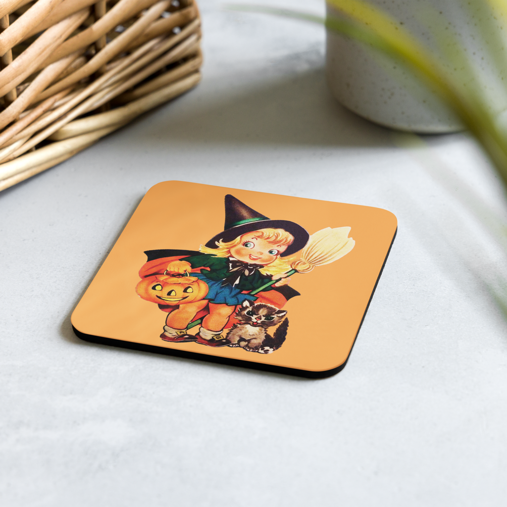 Little Witch With Cat And Broom Retro Halloween Cork-back Coaster