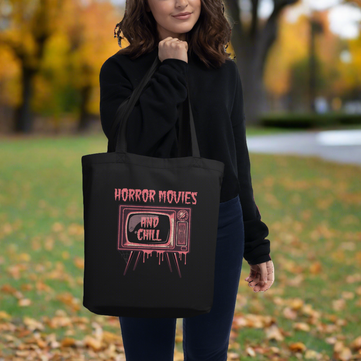 Horror Movies And Chill Distressed Style Halloween Eco Cotton Tote Bag