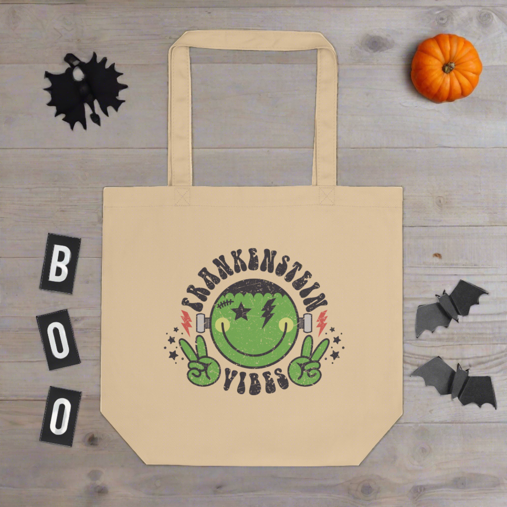 Frankenstein Vibes Distressed Style Halloween Eco Cotton Tote Bag