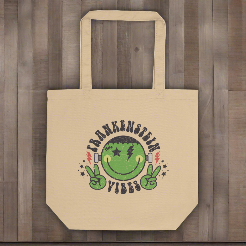 Frankenstein Vibes Distressed Style Halloween Eco Cotton Tote Bag