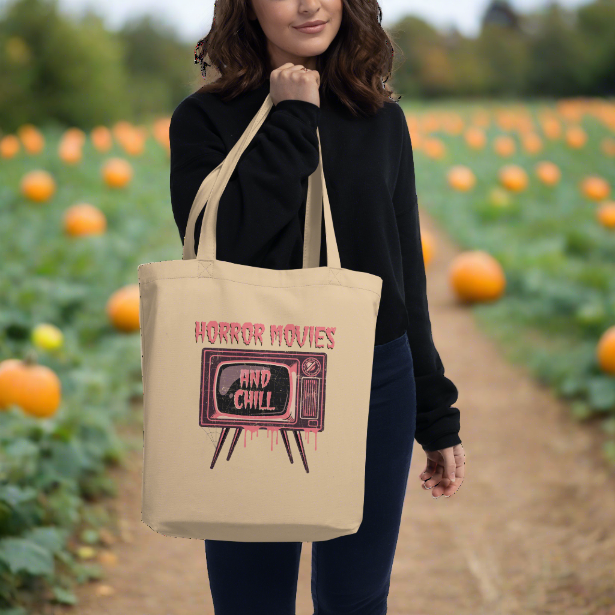 Horror Movies And Chill Distressed Style Halloween Eco Cotton Tote Bag