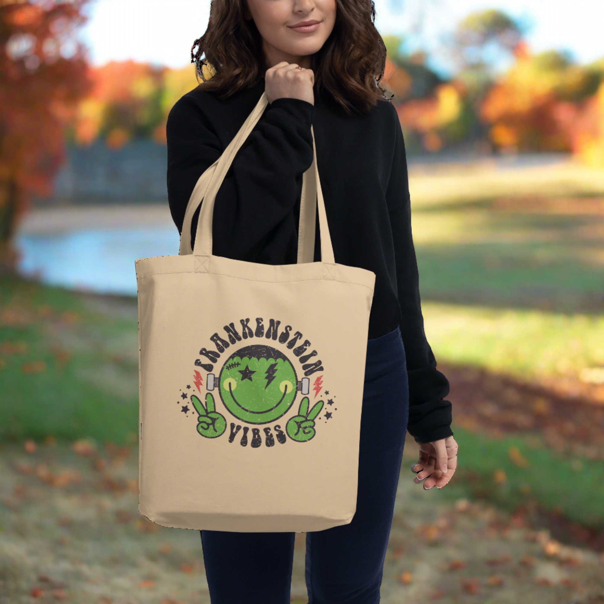 Frankenstein Vibes Distressed Style Halloween Eco Cotton Tote Bag