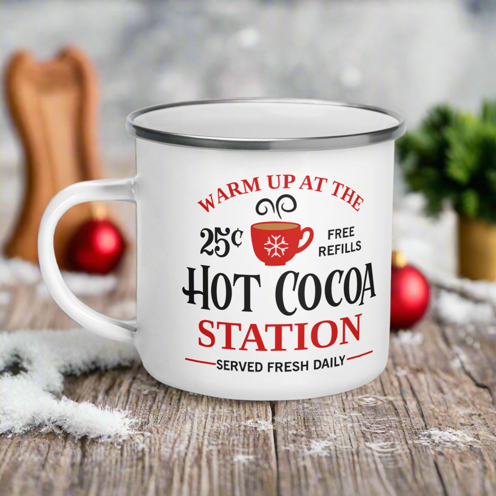 Warm Up At The Hot Cocoa Station Christmas Hot Chocolate Camping Enamel Mug
