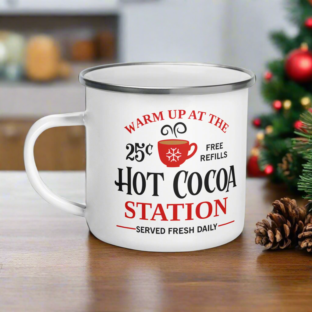 Warm Up At The Hot Cocoa Station Christmas Hot Chocolate Camping Enamel Mug