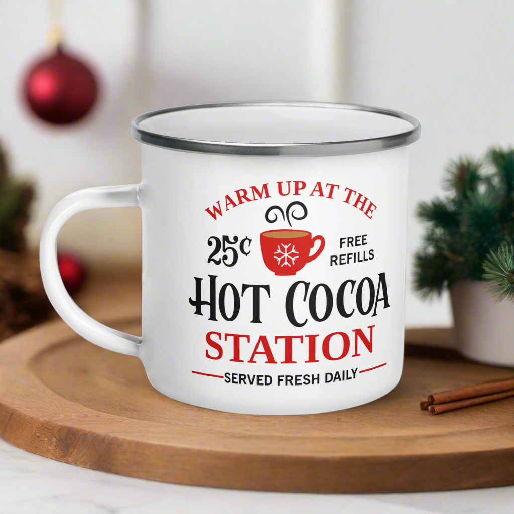 Warm Up At The Hot Cocoa Station Christmas Hot Chocolate Camping Enamel Mug