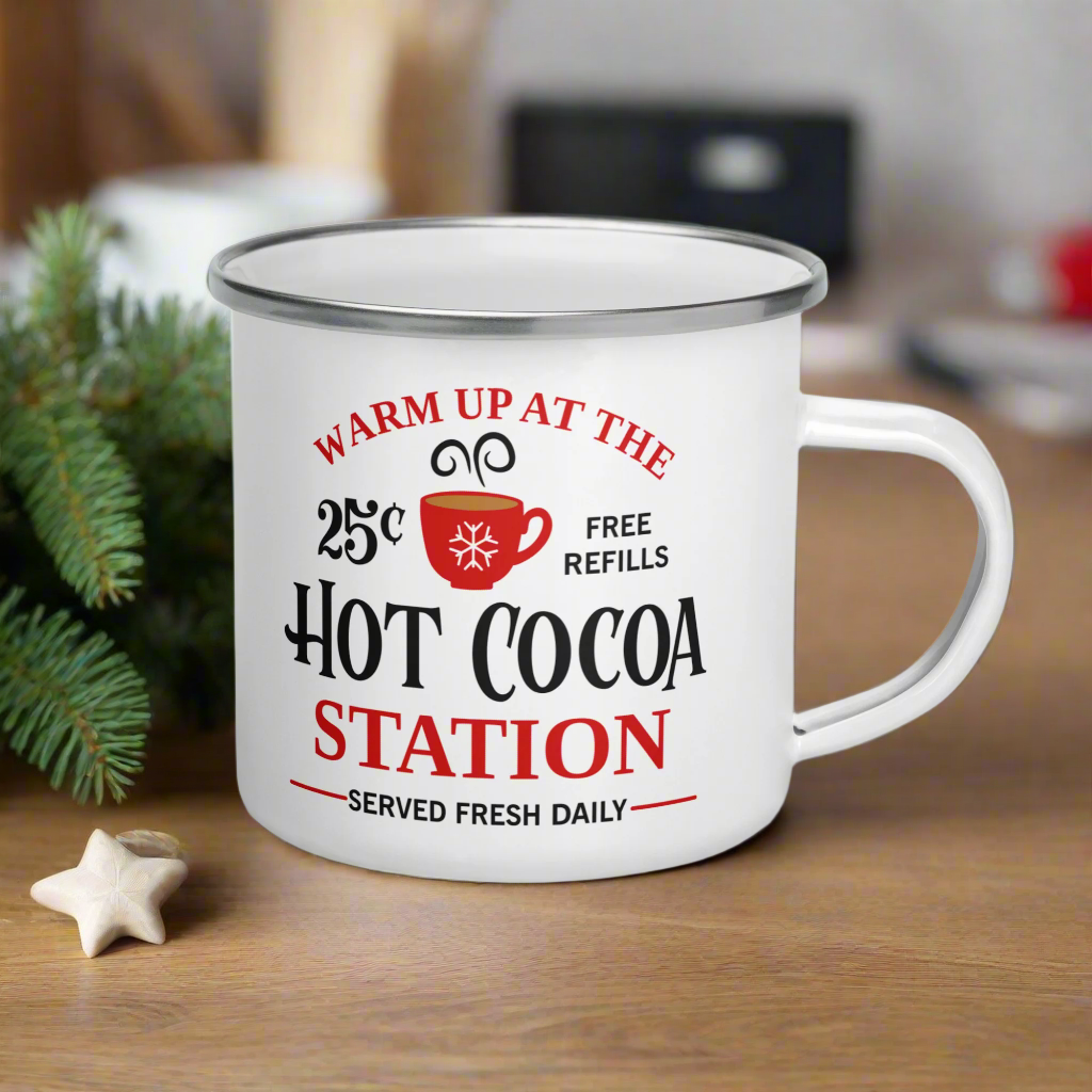 Warm Up At The Hot Cocoa Station Christmas Hot Chocolate Camping Enamel Mug